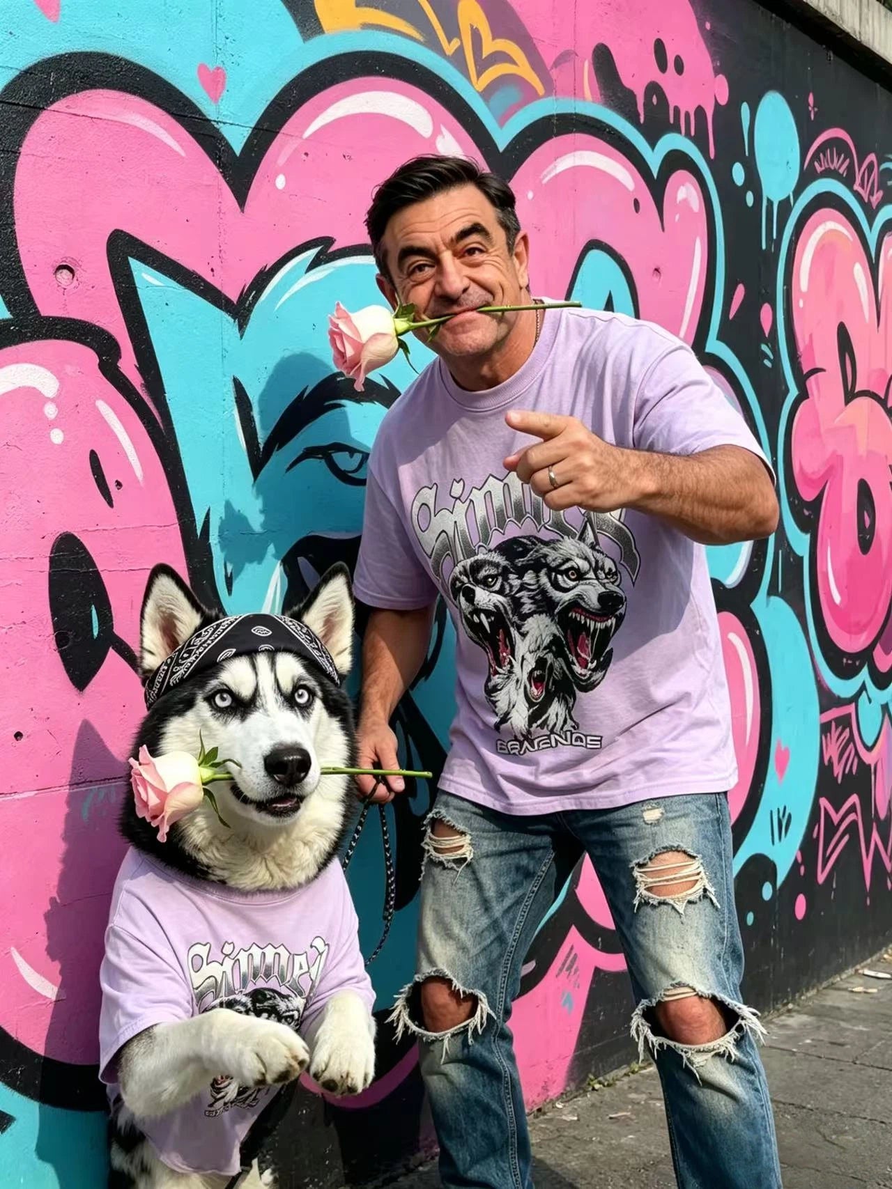 Retro Wolf Light Purple Matching Tee Set