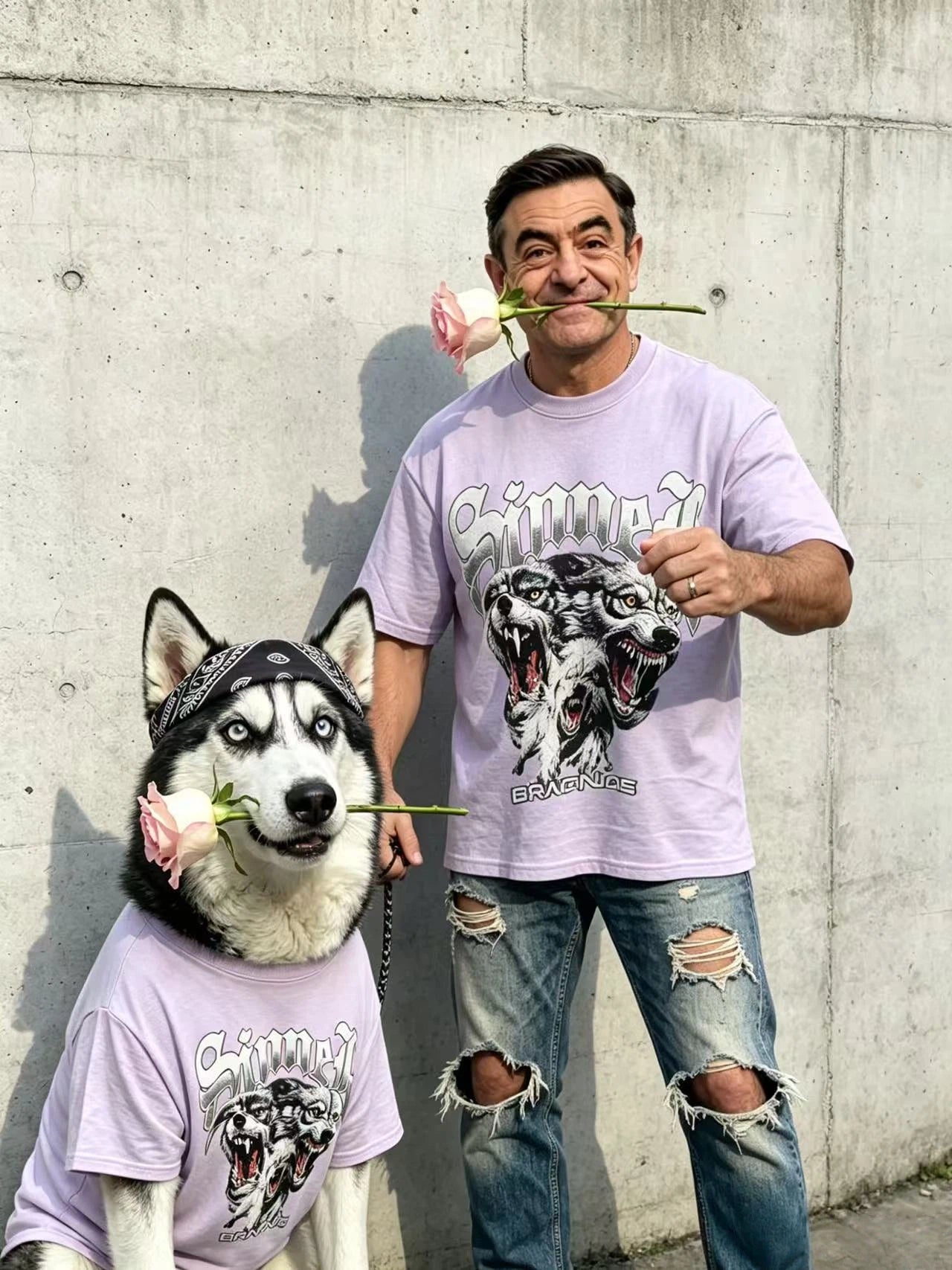 Retro Wolf Light Purple Matching Tee Set